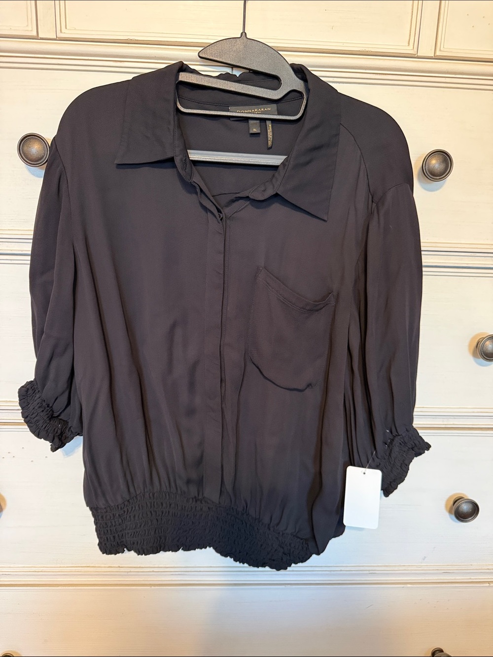 Donna Karan Black Button-Front Smocked-Hem Blouse